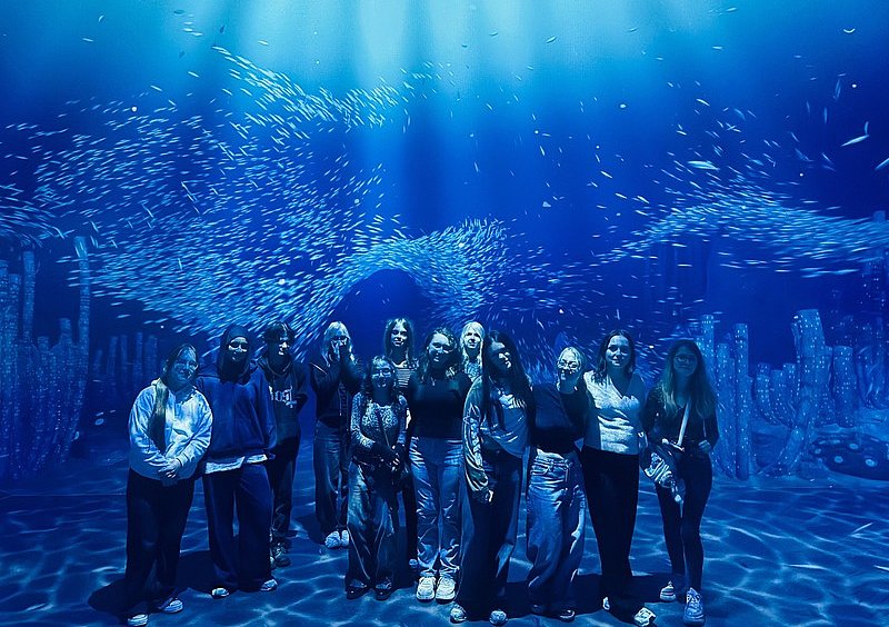 Besucherinnen betrachten Vermeers „Mädchen mit dem Perlenohrring“ im Mauritshuis in Den Haag.Gruppenfoto der Schülerinnen bei Remastered vor einer blauen Unterwasserprojektion mit Fischschwärmen.